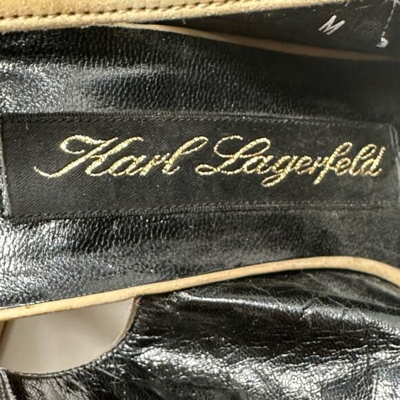 KARL LARGERFELD SAND TAN SUEDE PEEP TOE CrissCross STRAPS BACKLESS SANDAL SZ  7M - Picture 9 of 13